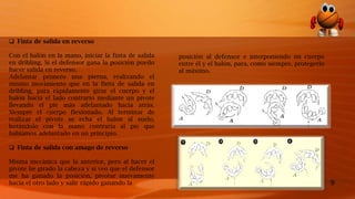 9
 Finta de salida en reverso
Con el balón en la mano, iniciar la finta de salida
en dribling. Si el defensor gana la posición puedo
hacer salida en reverso.
Adelantar primero una pierna, realizando el
mismo movimiento que en la finta de salida en
dribling, para rápidamente girar el cuerpo y el
balón hacia el lado contrario mediante un pivote
llevando el pie más adelantado hacia atrás.
Siempre el cuerpo flexionado. Al terminar de
realizar el pivote se echa el balón al suelo,
botándolo con la mano contraria al pie que
habíamos adelantado en un principio.
 Finta de salida con amago de reverso
Misma mecánica que la anterior, pero al hacer el
pivote he girado la cabeza y si veo que el defensor
me ha ganado la posición, pivotar nuevamente
hacia el otro lado y salir rápido ganando la
posición al defensor e interponiendo mi cuerpo
entre él y el balón, para, como siempre, protegerlo
al máximo.
 