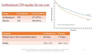 Azithromycin 250 mg/day for one year
Albert RK, Connett J, Bailey WC, et al. Azithromycin for Prevention of Exacerbations of COPD. The New
England journal of medicine. 2011;365(8):689-698. doi:10.1056/NEJMoa1104623.
23
Endpoint Azithromycin Placebo
Median time to first exacerbation (days) 266 days 174 days
SGRQ -2.8 ± 12.1 -0.6 ± 11.4
Group Participants Exacerbations
Azithromycin 558 317 (57%)
Placebo 559 380 (68%)
 