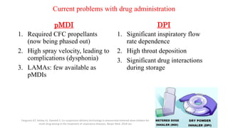 Current problems with drug administration
pMDI
1. Required CFC propellants
(now being phased out)
2. High spray velocity, leading to
complications (dysphonia)
3. LAMAs: few available as
pMDIs
DPI
1. Significant inspiratory flow
rate dependence
2. High throat deposition
3. Significant drug interactions
during storage
Ferguson GT, Hickey AJ, Dwivedi S. Co-suspension delivery technology in pressurized metered-dose inhalers for
multi-drug dosing in the treatment of respiratory diseases. Respir Med. 2018 Jan
9
 