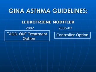 “ ADD-ON” Treatment Option GINA ASTHMA GUIDELINES: 2002  2006-07   LEUKOTRIENE MODIFIER Controller Option 