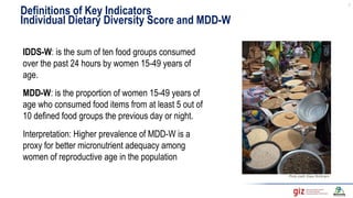 Definitions of Key Indicators
Food groups for women
• Eggs
• Dark green leafy vegetables
• Other vitamin A-rich fruits &
v...