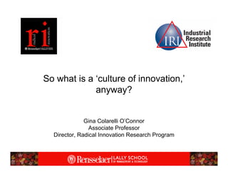 So what is a ‘culture of innovation,’
             anyway?


              Gina Colarelli O’Connor
                Associate Professor
  Director, Radical Innovation Research Program
 