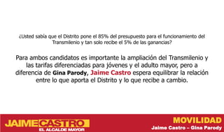 ¿Usted sabía que el Distrito pone el 85% del presupuesto para el funcionamiento del
               Transmilenio y tan solo recibe el 5% de las ganancias?


Para ambos candidatos es importante la ampliación del Transmilenio y
    las tarifas diferenciadas para jóvenes y el adulto mayor, pero a
diferencia de Gina Parody, Jaime Castro espera equilibrar la relación
        entre lo que aporta el Distrito y lo que recibe a cambio.




                                                                     MOVILIDAD
                                                            Jaime Castro – Gina Parody
 