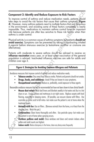 12
Component 2: Identify and Reduce Exposure to Risk Factors
To improve control of asthma and reduce medication needs, patients should
take steps to avoid the risk factors that cause their asthma symptoms (Figure
4). However, many asthma patients react to multiple factors that are ubiquitous
in the environment, and avoiding some of these factors completely is nearly
impossible. Thus, medications to maintain asthma control have an important
role because patients are often less sensitive to these risk factors when their
asthma is under control.
Physical activity is a common cause of asthma symptoms but patients should not
avoid exercise. Symptoms can be prevented by taking a rapid-acting inhaled
β2
-agonist before strenuous exercise (a leukotriene modifier or cromone are
alternatives).
Patients with moderate to severe asthma should be advised to receive an
influenza vaccination every year, or at least when vaccination of the general
population is advised. Inactivated influenza vaccines are safe for adults and
children over age 3.
Avoidance measures that improve control of asthma and reduce medication needs:
•	 Tobacco smoke: Stayawayfromtobaccosmoke.Patientsandparentsshouldnotsmoke.
•	 Drugs, foods, and additives: Avoid if they are known to case symptoms.
•	 Occupational sensitizers: Reduce or, preferably, avoid exposure to these agents
	
Reasonable avoidance measures that can be recommended but have not been shown to have clinical benefit
•	 House dust mites: Wash bed linens and blankets weekly in hot water and dry in a hot
dryer or sun. Encase pillows and mattresses in air-tight covers. Replace carpets with hard
flooring, especially in sleeping rooms. (If possible, use vacuum cleaner with filters. Use
acaricides or tannic acid to kill mites--but make sure the patient is not at home when the
treatment occurs.
•	 Animals with fur: Use air filters. (Remove animals from the home, or at least from the
sleeping area. Wash the pet.)
•	 Cockroaches: Clean home thoroughly and often. Use pesticide spray--but make sure
the patient is not at home when spraying occurs.
•	 Outdoor pollens and mold: Close windows and doors and remain indoors when
pollen and mold counts are highest.
•	 Indoor mold: Reduce dampness in the home; clean any damp areas frequently
Figure 4. Strategies for Avoiding Common Allergens and Pollutants
COPYRIGHTED
MATERIAL-DO
NOTALTER
OR
REPRODUCE
 