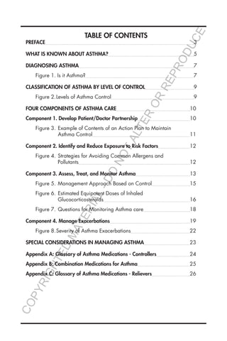 TABLE OF CONTENTS
PREFACE				 3
WHAT IS KNOWN ABOUT ASTHMA?		5
DIAGNOSING ASTHMA		7
	 Figure 1. Is it Asthma?		7
CLASSIFICATION OF ASTHMA BY LEVEL OF CONTROL		9
	 Figure 2.	Levels of Asthma Control		9
FOUR COMPONENTS OF ASTHMA CARE	 10
Component 1. Develop Patient/Doctor Partnership	 10
	 Figure 3.		Example of Contents of an Action Plan to Maintain
			Asthma Control	 11
Component 2. Identify and Reduce Exposure to Risk Factors	 12
	 Figure 4.		Strategies for Avoiding Common Allergens and
		 Pollutants	 12
Component 3. Assess, Treat, and Monitor Asthma	 13
	 Figure 5.		Management Approach Based on Control	 15
	 Figure 6.		Estimated Equipotent Doses of Inhaled
			Glucocorticosteroids	 16
	 Figure 7.		Questions for Monitoring Asthma care	 18
Component 4. Manage Exacerbations	 19
	 Figure 8.	Severity of Asthma Exacerbations	 22
SPECIAL CONSIDERATIONS IN MANAGING ASTHMA	 23
Appendix A: Glossary of Asthma Medications - Controllers	 24
Appendix B: Combination Medications for Asthma	 25
Appendix C: Glossary of Asthma Medications - Relievers	 26
COPYRIGHTED
MATERIAL-DO
NOTALTER
OR
REPRODUCE
 