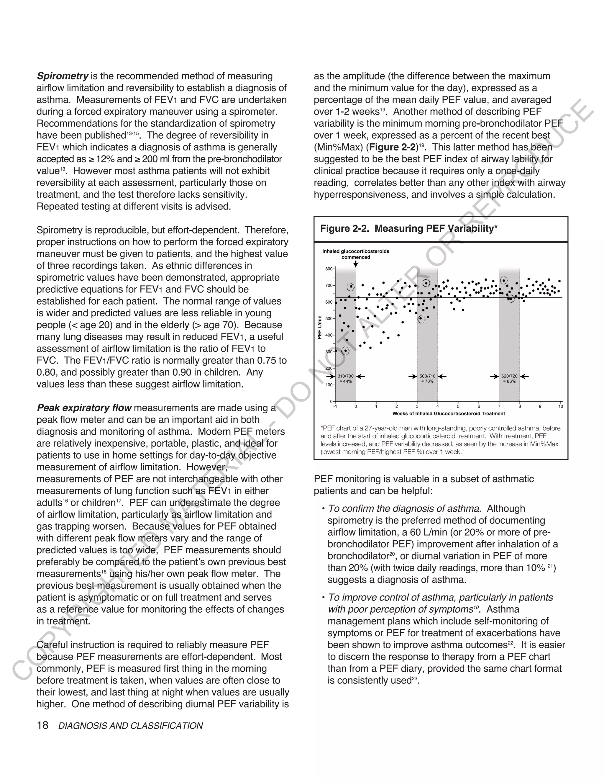 Spirometry is the recommended method of measuring                                                                                                                      as the amplitude (the difference between the maximum
    airflow limitation and reversibility to establish a diagnosis of                                                                                                       and the minimum value for the day), expressed as a
    asthma. Measurements of FEV1 and FVC are undertaken                                                                                                                    percentage of the mean daily PEF value, and averaged
    during a forced expiratory maneuver using a spirometer.                                                                                                                over 1-2 weeks19. Another method of describing PEF




                                                                                                                                                                                                                                                                                     E
    Recommendations for the standardization of spirometry                                                                                                                  variability is the minimum morning pre-bronchodilator PEF




                                                                                                                                                                                                                                                                                    C
    have been published13-15. The degree of reversibility in                                                                                                               over 1 week, expressed as a percent of the recent best




                                                                                                                                                                                                                                                                                   U
    FEV1 which indicates a diagnosis of asthma is generally                                                                                                                (Min%Max) (Figure 2-2)19. This latter method has been




                                                                                                                                                                                                                                                                  D
    accepted as ≥ 12% and ≥ 200 ml from the pre-bronchodilator                                                                                                             suggested to be the best PEF index of airway lability for




                                                                                                                                                                                                                                                                 O
    value13. However most asthma patients will not exhibit                                                                                                                 clinical practice because it requires only a once-daily
    reversibility at each assessment, particularly those on                                                                                                                reading, correlates better than any other index with airway




                                                                                                                                                                                                                                                            R
    treatment, and the test therefore lacks sensitivity.                                                                                                                   hyperresponsiveness, and involves a simple calculation.




                                                                                                                                                                                                                                                 EP
    Repeated testing at different visits is advised.




                                                                                                                                                                                                                                                 R
    Spirometry is reproducible, but effort-dependent. Therefore,                                                                                                                Figure 2-2. Measuring PEF Variability*
    proper instructions on how to perform the forced expiratory




                                                                                                                                                                                                                              R
                                                                                                                                                                                       Inhaled glucocorticosteroids
    maneuver must be given to patients, and the highest value                                                                                                                                  commenced




                                                                                                                                                                                                                             O
    of three recordings taken. As ethnic differences in                                                                                                                                 800

    spirometric values have been demonstrated, appropriate




                                                                                                                                                                                                                    R
                                                                                                                                                                                        700
    predictive equations for FEV1 and FVC should be




                                                                                                                                                                                                                 TE
    established for each patient. The normal range of values                                                                                                                            600

    is wider and predicted values are less reliable in young




                                                                                                                                                                                                    AL
                                                                                                                                                                           PEF L/min    500
    people (< age 20) and in the elderly (> age 70). Because
    many lung diseases may result in reduced FEV1, a useful                                                                                                                             400


    assessment of airflow limitation is the ratio of FEV1 to                                                                                                                T           300

    FVC. The FEV1/FVC ratio is normally greater than 0.75 to
                                                                                                                                                                           O
                                                                                                                                                                                        200
    0.80, and possibly greater than 0.90 in children. Any
                                                                                                                                                                           N

                                                                                                                                                                                                   310/700                         500/710                           620/720
                                                                                                                                                                                                    = 44%                           = 70%                             = 86%
    values less than these suggest airflow limitation.                                                                                                                                  100
                                                            O


                                                                                                                                                                                          0
    Peak expiratory flow measurements are made using a                                                                                                                                        -1             0   1     2       3             4   5      6        7             8   9   10
                                                          -D




                                                                                                                                                                                                                      Weeks of Inhaled Glucocorticosteroid Treatment
    peak flow meter and can be an important aid in both
                                                                                                                                                                                 *PEF chart of a 27-year-old man with long-standing, poorly controlled asthma, before
    diagnosis and monitoring of asthma. Modern PEF meters                                                                                                                        and after the start of inhaled glucocorticosteroid treatment. With treatment, PEF
                                                L




    are relatively inexpensive, portable, plastic, and ideal for                                                                                                                 levels increased, and PEF variability decreased, as seen by the increase in Min%Max
                                                                                                                                                                                 (lowest morning PEF/highest PEF %) over 1 week.
                                              IA




    patients to use in home settings for day-to-day objective
    measurement of airflow limitation. However,
                                             R




    measurements of PEF are not interchangeable with other                                                                                                                 PEF monitoring is valuable in a subset of asthmatic
                                       E




    measurements of lung function such as FEV1 in either                                                                                                                   patients and can be helpful:
                                    AT




    adults16 or children17. PEF can underestimate the degree
                                                                                                                                                                                  • To confirm the diagnosis of asthma. Although
    of airflow limitation, particularly as airflow limitation and
                                                                                                                                                                                    spirometry is the preferred method of documenting
                               M




    gas trapping worsen. Because values for PEF obtained
                                                                                                                                                                                    airflow limitation, a 60 L/min (or 20% or more of pre-
    with different peak flow meters vary and the range of
                                                                                                                                                                                    bronchodilator PEF) improvement after inhalation of a
                      D




    predicted values is too wide, PEF measurements should
                                                                                                                                                                                    bronchodilator20, or diurnal variation in PEF of more
                    TE




    preferably be compared to the patient’s own previous best
                                                                                                                                                                                    than 20% (with twice daily readings, more than 10% 21)
    measurements18 using his/her own peak flow meter. The
                                                                                                                                                                                    suggests a diagnosis of asthma.
                H




    previous best measurement is usually obtained when the
    patient is asymptomatic or on full treatment and serves                                                                                                                       • To improve control of asthma, particularly in patients
           IG




    as a reference value for monitoring the effects of changes                                                                                                                      with poor perception of symptoms10. Asthma
       R




    in treatment.                                                                                                                                                                   management plans which include self-monitoring of
                                                                                                                                                                                    symptoms or PEF for treatment of exacerbations have
PY




    Careful instruction is required to reliably measure PEF                                                                                                                         been shown to improve asthma outcomes22. It is easier
    because PEF measurements are effort-dependent. Most                                                                                                                             to discern the response to therapy from a PEF chart
O




    commonly, PEF is measured first thing in the morning                                                                                                                            than from a PEF diary, provided the same chart format
C




    before treatment is taken, when values are often close to                                                                                                                       is consistently used23.
    their lowest, and last thing at night when values are usually     Inhaled glucocorticosteroids


                                                                       800


                                                                       700


                                                                       600
                                                                              commenced
                                                          PEF L/min




                                                                       500


                                                                       400


                                                                       300


                                                                       200
                                                                                  310/700                         500/710                           620/720

                                                                       100
                                                                                   = 44%                           = 70%                             = 86%



                                                                         0
                                                                             -1             0   1     2       3             4   5      6        7             8   9   10
                                                                                                     Weeks of Inhaled Glucocorticosteroid Treatment




    higher. One method of describing diurnal PEF variability is

    18 DIAGNOSIS AND CLASSIFICATION
 