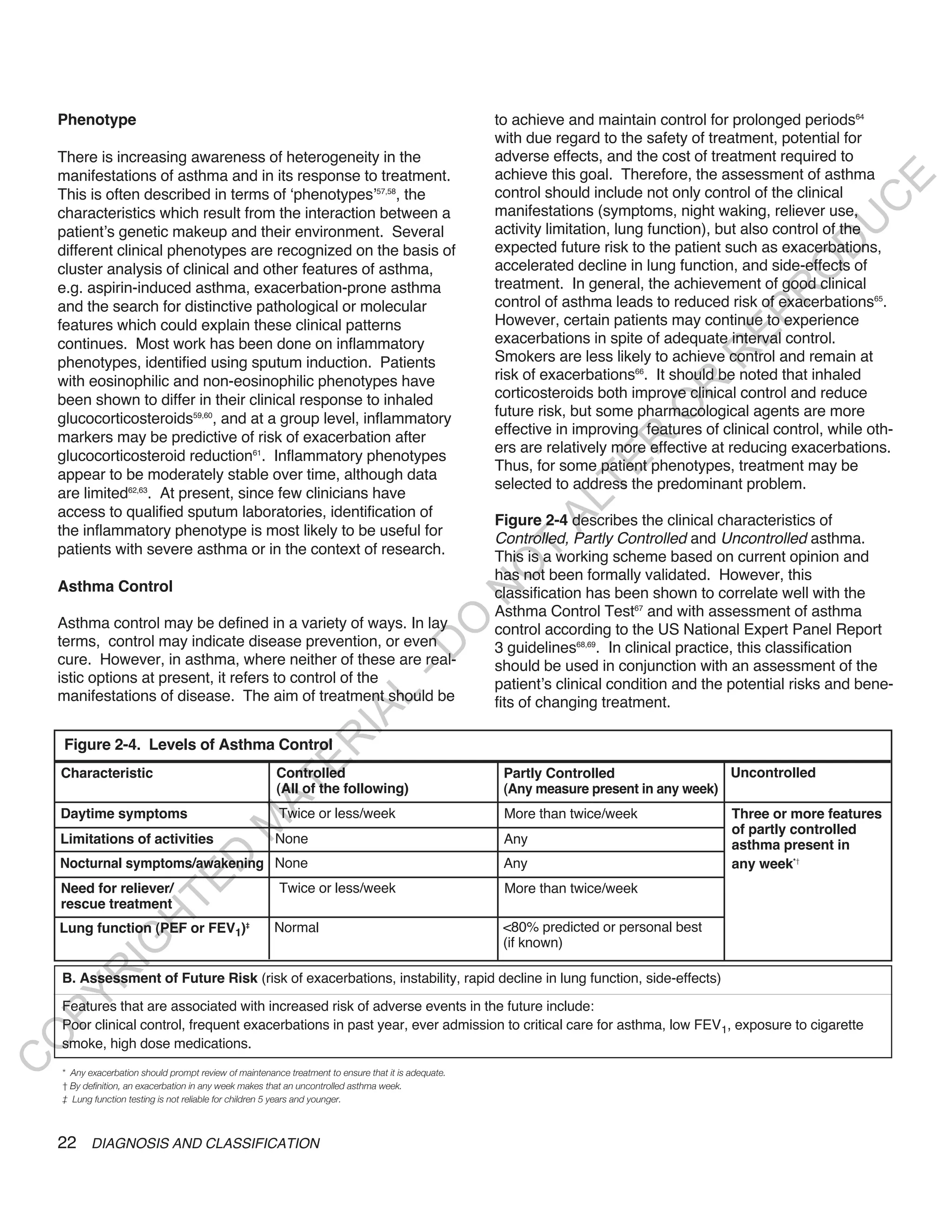 Phenotype                                                                                         to achieve and maintain control for prolonged periods64
                                                                                                      with due regard to the safety of treatment, potential for
    There is increasing awareness of heterogeneity in the                                             adverse effects, and the cost of treatment required to
    manifestations of asthma and in its response to treatment.                                        achieve this goal. Therefore, the assessment of asthma




                                                                                                                                                             E
    This is often described in terms of ‘phenotypes’57,58, the                                        control should include not only control of the clinical




                                                                                                                                                            C
    characteristics which result from the interaction between a                                       manifestations (symptoms, night waking, reliever use,




                                                                                                                                                           U
    patient’s genetic makeup and their environment. Several                                           activity limitation, lung function), but also control of the




                                                                                                                                                     D
    different clinical phenotypes are recognized on the basis of                                      expected future risk to the patient such as exacerbations,
                                                                                                      accelerated decline in lung function, and side-effects of




                                                                                                                                                    O
    cluster analysis of clinical and other features of asthma,
    e.g. aspirin-induced asthma, exacerbation-prone asthma                                            treatment. In general, the achievement of good clinical




                                                                                                                                                R
    and the search for distinctive pathological or molecular                                          control of asthma leads to reduced risk of exacerbations65.




                                                                                                                                          EP
    features which could explain these clinical patterns                                              However, certain patients may continue to experience
    continues. Most work has been done on inflammatory                                                exacerbations in spite of adequate interval control.




                                                                                                                                      R
    phenotypes, identified using sputum induction. Patients                                           Smokers are less likely to achieve control and remain at
    with eosinophilic and non-eosinophilic phenotypes have                                            risk of exacerbations66. It should be noted that inhaled




                                                                                                                               R
    been shown to differ in their clinical response to inhaled                                        corticosteroids both improve clinical control and reduce




                                                                                                                              O
    glucocorticosteroids59,60, and at a group level, inflammatory                                     future risk, but some pharmacological agents are more
                                                                                                      effective in improving features of clinical control, while oth-
    markers may be predictive of risk of exacerbation after




                                                                                                                     R
                                                                                                      ers are relatively more effective at reducing exacerbations.
    glucocorticosteroid reduction61. Inflammatory phenotypes




                                                                                                                  TE
                                                                                                      Thus, for some patient phenotypes, treatment may be
    appear to be moderately stable over time, although data
                                                                                                      selected to address the predominant problem.
    are limited62,63. At present, since few clinicians have




                                                                                                             AL
    access to qualified sputum laboratories, identification of
                                                                                                      Figure 2-4 describes the clinical characteristics of
    the inflammatory phenotype is most likely to be useful for
                                                                                                      Controlled, Partly Controlled and Uncontrolled asthma.
    patients with severe asthma or in the context of research.                                         T
                                                                                                      This is a working scheme based on current opinion and
                                                                                                      O
                                                                                                      has not been formally validated. However, this
    Asthma Control
                                                                                                      N

                                                                                                      classification has been shown to correlate well with the
                                                                                                      Asthma Control Test67 and with assessment of asthma
    Asthma control may be defined in a variety of ways. In lay
                                                                                       O


                                                                                                      control according to the US National Expert Panel Report
    terms, control may indicate disease prevention, or even
                                                                                     -D




                                                                                                      3 guidelines68,69. In clinical practice, this classification
    cure. However, in asthma, where neither of these are real-                                        should be used in conjunction with an assessment of the
    istic options at present, it refers to control of the                                             patient’s clinical condition and the potential risks and bene-
    manifestations of disease. The aim of treatment should be
                                                                     L




                                                                                                      fits of changing treatment.
                                                                   IA
                                                                  R




     Figure 2-4. Levels of Asthma Control
                                                      E




    Characteristic                                      Controlled                                     Partly Controlled                 Uncontrolled
                                                   AT




                                                        (All of the following)                         (Any measure present in any week)
    Daytime symptoms                                     Twice or less/week                            More than twice/week                Three or more features
                                             M




                                                                                                                                           of partly controlled
    Limitations of activities                           None                                           Any                                 asthma present in
                             D




    Nocturnal symptoms/awakening None                                                                  Any                                 any week*†
                           TE




    Need for reliever/                                   Twice or less/week                            More than twice/week
    rescue treatment
                      H




    Lung function (PEF or FEV1)‡                        Normal                                         <80% predicted or personal best
              IG




                                                                                                       (if known)
        R




    B. Assessment of Future Risk (risk of exacerbations, instability, rapid decline in lung function, side-effects)
PY




    Features that are associated with increased risk of adverse events in the future include:
    Poor clinical control, frequent exacerbations in past year, ever admission to critical care for asthma, low FEV1, exposure to cigarette
O




    smoke, high dose medications.
C




    * Any exacerbation should prompt review of maintenance treatment to ensure that it is adequate.
    † By definition, an exacerbation in any week makes that an uncontrolled asthma week.
    ‡ Lung function testing is not reliable for children 5 years and younger.



    22 DIAGNOSIS AND CLASSIFICATION
 