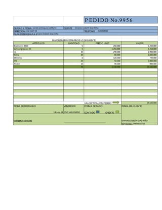 P EDI DO No.9 9 5 6
CIUDAD Y FECHA: yondo antioquia 12/05/14 CLIENTE Ginares Lisbeth Diaz NIño
DIRECCION: cra no17-53 TELEFONO 3125928011
PARA DESPACHARA ginares lisbteh diaz niño
FAVORSUMINISTRARNOS LO SIGUIENTE
ARTICULOS CANTIDAD PRECIO UNIT. VALOR
Blackberry 9320 5 250.000 1.250.000
Samsung Galaxy S5 5 1.250.000 6.250.000
LG 10 290.000 2.900.000
Nokia 20 80.000 1.600.000
Motorola 6 120.000 720.000
ZTE 20 50.000 1.000.000
Alcatel 10 90.000 900.000
76 2.130.000 14.620.000
VALORTOTAL DEL PEDIDO 14.620.000
FECHA DEDESPACHO VENDEDOR FORMA DEPAGO FIRMA DEL CLIENTE
14-sep-14 EDID SANJONERO CONTADO CREDITO
OBSERVACIONES ___________________________________ GINARES LISBETH DIAZ NIÑO
NIT.C.C.No.99050610710
 