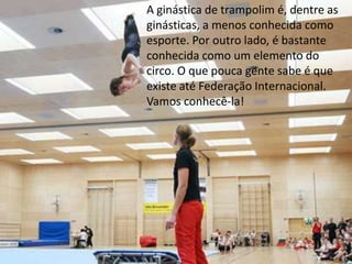 A ginástica de trampolim é, dentre as
ginásticas, a menos conhecida como
esporte. Por outro lado, é bastante
conhecida como um elemento do
circo. O que pouca gente sabe é que
existe até Federação Internacional.
Vamos conhecê-la!

 
