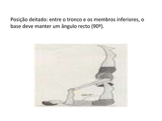 Posição deitado: entre o tronco e os membros inferiores, o
base deve manter um ângulo recto (90º).

 