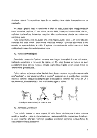 atractivo e cativante. Todos participam, todos têm um papel importante e todos desempenham uma ou
mais tarefas.

    A GA não é a ginástica elitista da "cambalhota, do pino e das rodas", que só alguns conseguem realizar
com o mínimo de requisitos. É, sem dúvida, de entre todos, o desporto individual mais colectivo,
usufruindo dos benefícios destas duas categorias. Não é preciso ser-se "ginasta" para realizar um
exercício de grupo.
    Numa qualquer turma, um é alto, outro é forte, um é magrinho, outra é baixa, ..., em suma, todos são
diferentes, mas todos podem - precisamente pelas suas diferenças - participar activamente e com
empenho nas aulas de Ginástica Acrobática. É aqui que, no contexto escolar, reside o maior trunfo desta
modalidade gímnica em detrimento de qualquer outra.

   4.2. Progressões Metodológicas

   Se em todos os desportos "queimar" etapas de aprendizagem é reprovável técnica e tacticamente,
implicando normalmente o retrocesso da mesma, em GA, saltar degraus ao invés de os subir
pausadamente (para além da regressão infligida à aprendizagem) pode causar quedas, lesões ou
"simplesmente" grandes sustos...

   Embora cada um tenha capacidade e liberdade de opção para pensar na progressão mais adequada
para "aquele par" ou para "aquela figura final do exercício", apresentam-se, de seguida, alguns exemplos
mostrando elementos e sequências completas para a realização dos elementos mais comuns em GA e
que poderão ser, a nosso entender, a base da sua aprendizagem na Escola.




         Fig. 8 - Alguns elementos básicos do trabalho de pares.


   4.2.1. Formas de Aprendizagem:

   Como poderão observar por estas imagens, há várias formas possíveis para alcançar a mesma
posição ou figura final - e aqui só mostramos algumas ...as outras estão todas na imaginação de cada um,
no vosso "engenho e arte" para resolverem situações e encontrarem alternativas ou novas formas de
executar os elementos que desejarem:



                                                                                                        7
 