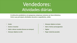 Vendedores:
Atividades diárias
• Andar
• Sentar e levantar
• Subir e descer escadas (Acesso ao estoque)
• Alcançar objetos no alto
A rotina de vendedores em pequenas empresas costuma ser bem dinâmica.
Entre suas principais atividades durante o expediente, estão:
• Alcançar objetos no baixo
• Abrir e fechar portas/gavetas
• Digitar
• Pegar materiais pesados
 