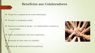 Benefícios aos Colaboradores
Social:
 Desperta o surgimento de novas lideranças;
 Promove a integração social;
 Favorece o sentido de grupo – os colaboradores sentem-se
mais unidos;
 Maior sociabilização com seus superiores;
 Sensação de bem-estar no trabalho;
 Melhora do relacionamento interpessoal.
10
 
