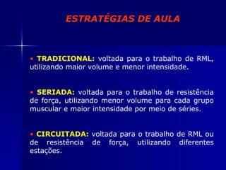 ESTRATÉGIAS DE AULA TRADICIONAL:  voltada para o trabalho de RML, utilizando maior volume e menor intensidade. SERIADA:  voltada para o trabalho de resistência de força, utilizando menor volume para cada grupo muscular e maior intensidade por meio de séries. CIRCUITADA:  voltada para o trabalho de RML ou de resistência de força, utilizando diferentes estações. 