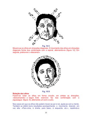 35
Fig. 10 C
Movem-se os olhos em direcções diagonais. O movimento dos olhos em direcções
diagonais forma boa combinação com a espiral, alternando-os (figura 12). Em
seguida, pratica-se o «descanso».
Fig. 10 D
Rotação dos olhos
Fazem-se rodar os olhos em forma circular, em ambas as direcções,
«descansando» a seguir. Este exercício faz boa combinação com o
ziguezague (figura 8), alternando um com o outro.
Nos casos em que os olhos não podem mover-se por si só, ajuda-se com a mente.
Também se obtêm bons resultados acompanhando o movimento dizendo em
voz alta: «Para cima, à direita, para baixo, à esquerda, etc.», repetindo-o
 
