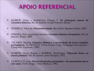 BARROS, Daisy e Nedialcova, Giurgo T.  Os principais passos da Ginástica Rítmica.  Rio de Janeiro: Grupo Palestra Sports. FONSECA, Vitor da.  Psicomotricidade . São Paulo: Martins Fontes, 1983. PEREIRA, Sissi Aparecida Martins.  Ginástica Rítmica Desportiva . Rio de Janeiro: Shape, 2000. VELARDI, Marilio.  Ginástica Rítmica: a necessidade de novos modelos pedagógicos . In: PICOLLO, Vilma Lenista (org). Pedagogia dos esportes . Campinas: Papiocus , 1999. BARROS, Daysy Regina e BARROS, Darcymires.  Educação física na escola primária . Rio de Janeiro: José Olympio, 1972. LE BOULCH, Jean.  Desenvolvimento psicomotor – do nascimento até os seis anos . Porto Alegre: Artes Médicas, 1982. 