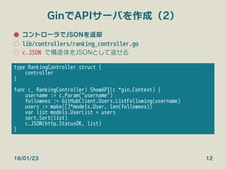 GinでAPIサーバを作成（2）
●  コントローラでJSONを返却
○  lib/controllers/ranking_controller.go
○  c.JSON で構造体をJSONとして返せる
16/01/23 12
type RankingController struct {
controller
} 


func (_ RankingController) ShowAPI(c *gin.Context) {
username := c.Param("username")
followees := GitHubClient.Users.ListFollowing(username)
users := make([]*models.User, len(followees))
var list models.UserList = users
sort.Sort(list)
c.JSON(http.StatusOK, list)
}
 