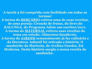 A tarefa 9 foi cumprida com facilidade em todas as
                        turmas!
A turma do BERÇÁRIO retirou uma de suas receitas,
    de uma poesia: Ciranda de frutas, do livro do
 KALUNGA, do Programa Adote um escritor/2011.
  A turma do MATERNAL retirou suas receitas do
        tema em estudo: Alimentos Saudáveis.
A turma do JARDIM semanalmente já faz culinária e
    da literatura infantil foi retirada a história: O
   sanduíche da Maricota, de Avelino Guedes, Ed.
 Moderna. Desta história surgiu a nossa receita de
                      sanduíche.
 