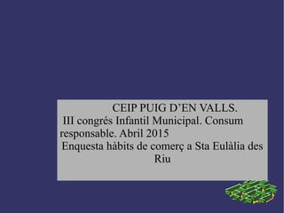 CEIP PUIG D’EN VALLS.
III congrés Infantil Municipal. Consum
responsable. Abril 2015
Enquesta hàbits de comerç a Sta Eulàlia des
Riu
 