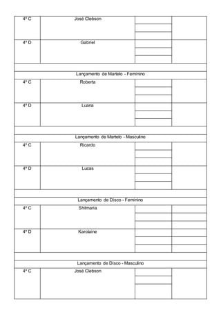 4º C José Clebson
4º D Gabriel
Lançamento de Martelo - Feminino
4º C Roberta
4º D Luana
Lançamento de Martelo - Masculino
4º C Ricardo
4º D Lucas
Lançamento de Disco - Feminino
4º C Shilmaria
4º D Karolaine
Lançamento de Disco - Masculino
4º C José Clebson
 