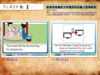 教育部高職英文科資訊科技融入教學教材
2011~2012
網址： http://hsmaterial.moe.edu.tw/schema/veng/index.html
於蒲公英數位創意共同製作，以下為個人製作的部分截取
FLASH動畫
>> 單元G-22 >> 單元W-4-2
 