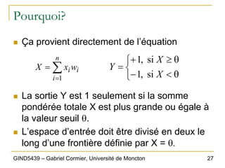 27
GIND5439 – Gabriel Cormier, Université de Moncton
Pourquoi?
„ Ça provient directement de l’équation
„ La sortie Y est 1 seulement si la somme
pondérée totale X est plus grande ou égale à
la valeur seuil θ.
„ L’espace d’entrée doit être divisé en deux le
long d’une frontière définie par X = θ.
⎩
⎨
⎧
θ
<
−
θ
≥
+
=
X
X
Y
si
,
1
si
,
1
∑
=
=
n
i
i
iw
x
X
1
 