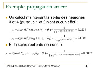 49
GIND5439 – Gabriel Cormier, Université de Moncton
Exemple: propagation arrière
„ On calcul maintenant la sortie des neurones
3 et 4 (puisque 1 et 2 n’ont aucun effet):
„ Et la sortie réelle du neurone 5:
( ) 5250
.
0
1
1
)
( 8
.
0
4
.
0
1
5
.
0
1
3
23
2
13
1
3 =
+
=
−
+
= −
×
+
×
−
e
w
x
w
x
sigmoid
y θ
( ) 8808
.
0
1
1
)
( 1
.
0
0
.
1
1
9
.
0
1
4
24
2
14
1
4 =
+
=
−
+
= +
×
+
×
−
e
w
x
w
x
sigmoid
y θ
( ) 5097
.
0
1
1
)
( 3
.
0
1
.
1
8808
.
0
)
2
.
1
(
5250
.
0
5
45
4
35
3
5 =
+
=
−
+
= −
×
+
−
×
−
e
w
y
w
y
sigmoid
y θ
 