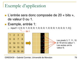 79
GIND5439 – Gabriel Cormier, Université de Moncton
Exemple d’application
„ L’entrée sera donc composée de 20 « bits »,
de valeur 0 ou 1.
„ Exemple, entrée 1:
‰ input1 = [ 0; 0; 1; 0; 0; 0; 1; 0; 0; 0; 1; 0; 0; 0; 1; 0; 0; 0; 1; 0;];
Bit 1
1 2 3 4
5 6 7 8
9 10 11 12
13 14 15 16
17 18 19 20
Les pixels 3, 7, 11, 15
et 19 ont la valeur 1.
Les autres ont la
valeur 0.
 