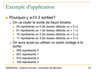 81
GIND5439 – Gabriel Cormier, Université de Moncton
Exemple d’application
„ Pourquoi y a-t’il 2 sorties?
‰ On va coder la sortie de façon binaire:
„ 00 représente un 0 (le réseau détecte un « 0 »)
„ 01 représente un 1 (le réseau détecte un « 1 »)
„ 10 représente un 2 (le réseau détecte un « 2 »)
„ 11 représente un 3 (le réseau détecte un « 3 »)
‰ On aura aussi pu utiliser un autre codage à la
sortie:
„ 000 représente 0
„ 001 représente 1
„ 010 représente 2
„ 100 représente 3
 