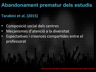 Consum de cànnabis i abandonament prematur dels estudis
Què diuen els propis adolescents i joves?
Abandonament prematur dels estudis	
  
Tarabini	
  et	
  al.	
  (2015)	
  
	
  
•  Composició	
  social	
  dels	
  centres	
  
•  Mecanismes	
  d’atenció	
  a	
  la	
  diversitat	
  
•  ExpectaVves	
  i	
  creences	
  comparVdes	
  entre	
  el	
  
professorat	
  
	
  
	
  
	
  
	
  
 
