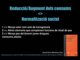 Reducció/Augment dels consums
<>
Normalització social
	
  
1 >> Menys valor com acte de transgressió
2 >> Altres elements que compleixen funcions de ritual de pas
3 >> Menys pes del binomi joves-drogues
(consums adults)
David	
  Pere	
  Margnez	
  Oró	
  
Sense	
  passar-­‐se	
  de	
  la	
  ratlla.	
  La	
  normalització	
  del	
  consum	
  de	
  drogues	
  (2015)	
  
 