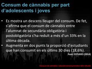 Consum de cànnabis i abandonament prematur dels estudis
Què diuen els propis adolescents i joves?
Consum de cànnabis per part
d’adolescents i joves	
  
•  Es	
  mostra	
  un	
  descens	
  lleuger	
  del	
  consum.	
  De	
  fet,	
  
s’aﬁrma	
  que	
  el	
  consum	
  de	
  cànnabis	
  entre	
  
l’alumnat	
  de	
  secundària	
  obligatòria	
  i	
  
postobligatòria	
  s'ha	
  reduït	
  a	
  més	
  d’un	
  33%	
  en	
  la	
  
úlVma	
  dècada.	
  
•  Augmenta	
  en	
  dos	
  punts	
  la	
  proporció	
  d’estudiants	
  
que	
  han	
  consumit	
  en	
  els	
  úlVms	
  30	
  dies	
  (18,6%).	
  	
  
Font:	
  ESTUDES	
  (2014)	
  
	
  
	
  
 