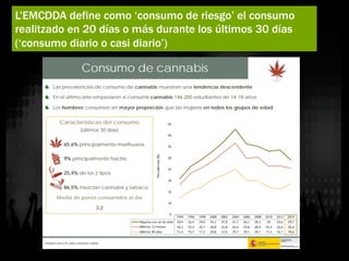 L’EMCDDA define como ‘consumo de riesgo’ el consumo
realitzado en 20 días o más durante los últimos 30 días
(‘consumo diario o casi diario’)
 