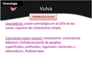 VulvaGinecología INFLAMACION DE LAS GLANDULAS DE BARTHOLIN O BARTHOLINITISTratamiento: Antibiótico especifico Marsupialización de la glándula (incisión longitudinal con eversión de los bordes y hemostasia [drenaje])En caso de recidiva: Bartholinectomía bajo bloqueo epidural.