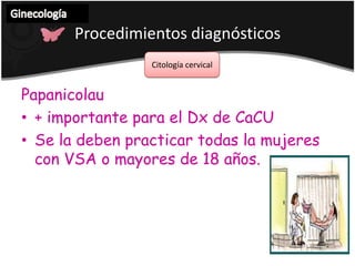 Citología cervical Procedimientos diagnósticos  Ginecología Papanicolau+ importante para el Dx de CaCUSe la deben practicartodas la mujeres con VSA o mayores de 18 años.