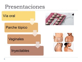 Presentaciones
Vía oral
Parche tópico
Vaginales
Inyectables
 