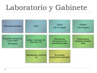 Laboratorio y Gabinete
Citometría hemática EGO
Calcio
8.8-10.3mg/dl
Fósforo
2.8-4.5mg/dl
Excreción urinaria de
Ca en 24hrs
300mg/día
Índice Ca/Creat. En
orina de 2 hrs
Marcadores
bioquímicos de
remodelado óseo
Osteocalcina,
fosfatasa alcalina
ósea
Telopéptidos, piridinoli
na
Rx simples
proyecciones laterales
 