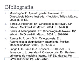Bibliografía
1. Mondragón, C. Aparato genital femenina. En:
Ginecología básica ilustrada. 4ª edición. Trillas: México.
2008. p. 11-53.
2. Berek, J. Pubertad. En: Ginecología de Novak. 13ª
edición. McGraw-Hill: México. 2004. p. 657-688.
3. Berek, J. Menopausia. En: Ginecología de Novak. 13ª
edición. McGraw-Hill: México. 2004. p. 891-916.
4. Ramos N. F. Lom O. H. Osteoporosis. En:
Reumatología diagnóstico y tratamiento. México:
Manual moderno; 2008. Pp. 353-364.
5. Longo L. D. Fauci S. A. Kasper L. D. Hauser L. S.
Jameson L. J. Loscalzo J. Osteoporosis. En: Harrison
principios de medicina interna. 18ª Ed. México: Mc
Graw Hill; 2012. Pp. 3120-3135.
 
