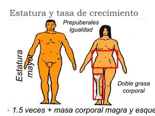 Estatura y tasa de crecimiento
Estatura
mayor
Doble grasa
corporal
1.5 veces + masa corporal magra y esque
Prepuberales
Igualdad
 