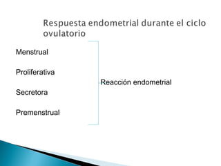 Menstrual
Proliferativa
Reacción endometrial
Secretora
Premenstrual
 