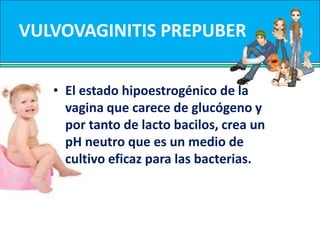VULVOVAGINITISEn las niñas puede existir una secreción vaginal fisiológica en el momento del nacimiento y premenarquia y en la mujer durante algunas etapas del ciclo menstrual, relacionado con el coito, durante el embarazo y la lactancia.