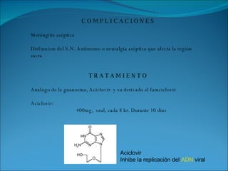 C O M P L I C A C I O N E S Meningitis aséptica Disfuncion del S.N. Autónomo o neuralgia aséptica que afecta la región sacra  T R A T A M I E N T O Análogo de la guanosina, Aciclovir  y su derivado el famciclovir  Aciclovir:  400mg,  oral, cada 8 hr. Durante 10 días  Aciclovir  Inhibe la replicación del  ADN  viral 