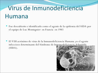 Virus de Inmunodeficiencia Humana Fue descubierto e identificado como el agente de la epidemia del SIDA por el equipo de Luc Montagnier  en Francia  en 1983 El VIH acrónimo de virus de la Inmunodeficiencia Humana ,es el agente infeccioso determinante del Síndrome de Inmunodeficiencia Adquirida (SIDA).  