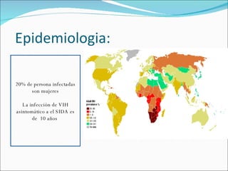 Epidemiologia: 20% de persona infectadas son mujeres La infección de VIH asintomático a el SIDA es de  10 años  