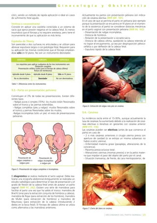 G i n e c o l o g í a
ción), siendo un método de rápida aplicación e ideal en casos
de sufrimiento fetal agudo.

Ventosa o vacuoextractor
Consiste en aplicar una cazoleta conectada a un sistema de
vacío que ejerce presión negativa en la cabeza fetal. Es menos
traumático que el fórceps y no requiere anestesia, pero tiene el
inconveniente de que su aplicación es más lenta.

Espátulas de Thierry
Son parecidas a dos cucharas no articuladas y se utilizan para
abreviar expulsivos largos o con patología fetal. Requieren para
su aplicación las mismas condiciones que el fórceps empleándose sólo en IV plano. No son un instrumento desrotador.
VENTOSA

FÓRCEPS

y

O b s t e t r i c i a

Actualmente los partos con presentación pelviana son indicación de cesárea electiva (MIR 00F, 181).
En el caso de que se permita el parto en pelviana (por ejemplo
porque la presentación se encuentra en IV plano en el momento de la asistencia al parto) se consideran distocias mecánicas
en el parto vaginal con presentación pelviana (MIR 04, 102):
- Presentación de nalgas incompletas.
- Distocia de hombros.
- Rotación de la presentación a occipito-sacra.
- Distocia de cabeza última, quedando la cabeza retenida al
no lograr el encajamiento, ya sea por desproporción pélvicocefálica o por deflexión de la cabeza fetal.
- Expulsivo rápido de la cabeza fetal.

ESPÁTULA

Los requisitos para aplicar cualquiera de los tres instrumentos son:
Dilatación completa
Presentación cefálica (salvo para el fórceps de cabeza última)
Rotura de membranas
Aplicable desde II plano

Aplicable desde III plano

Sólo en IV plano

No es desrotadora

Desrotador

No son desrotadoras

Tabla 1. Diferencias entre los instrumentos.

9.3.- Parto en presentación pelviana
Constituyen el 3% de todas las presentaciones. Existen diferentes tipos:
- Nalgas puras o simples (70%): los muslos están flexionados
sobre el tronco y las piernas extendidas.
- Nalgas completas (pies y nalgas): muslos flexionados sobre
el tronco y piernas flexionadas sobre los muslos.
-Nalgas incompletas (sólo un pie): el resto de presentaciones
pelvianas.

Presentación de
nalgas completas o
nalgas+pies

Presentación de
nalgas incompletas
o nalgas+pie

Figura 6. Extracción de nalgas más pies en cesárea.

9.4.- Cesárea
Su incidencia oscila entre el 15-30%, aunque actualmente la
tasa de cesáreas ha aumentado debido a la realización de cesáreas electivas o iterativas en gestantes con cesárea anterior
(MIR 01F, 176).
Las cesáreas pueden ser electivas (antes de que comience el
parto) en caso de:
- 2 o más cesáreas anteriores o cirugía uterina previa con
apertura de cavidad (si se extirpa un mioma subseroso no
habrá cicatriz uterina).
- Enfermedad materna grave (paraplejía, alteraciones de la
conciencia).
- Placenta previa oclusiva total.
- Alteraciones uterinas (miomas previos) o en la pelvis materna que impidan el paso del objeto del parto por el canal.
- Situación transversa, de frente, de cara mentoposterior, de

Figura 5. Presentación de nalgas completas e incompletas.

El diagnóstico se realiza mediante el tacto vaginal. Debe realizarse una ecografía abdominal.Antiguamente se realizaba un
estudio radiológico para determinar el tipo de presentación y el
grado de flexión de la cabeza fetal antes de aceptar un parto
vaginal (MIR 97, 242). Existen una serie de maniobras para
facilitar el parto una vez que ha salido el tronco: maniobra de
Bracht (sirve para la extracción conjunta de hombros y cabeza),
maniobra de Rojas (para extracción de los hombros), maniobra
de Muller (para extracción de hombros) y maniobra de
Mauriceau (para extracción de la cabeza introduciendo 2
dedos en la boca fetal). El fórceps de cabeza última se utiliza
como alternativa a las maniobras anteriores.

Figura 7. Cierre del útero en cesárea.
] MECANISMOS DEL PARTO NORMAL [ 35

 