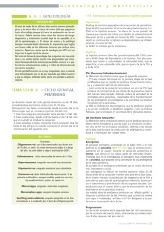 G i n e c o l o g í a

GINECOLOGÍA
ENFOQUE MIR
El tema de moda de los últimos años son los tumores ginecológicos y de entre ellos el cáncer de mama (del que preguntan
hasta el estadiaje) aunque el cáncer de endometrio va cobrando fuerza. Debéis intentar tener claros los factores de riesgo,
diagnóstico y tratamiento (cuando deje de ser operable, si es
útil la quimioterapia....). El cáncer de mama y la patología
benigna mamaria debéis dominarla. Es importante que hagáis
una buena tabla de los diferentes tumores que incluya estos
aspectos; Tened en cuenta que la patología por HPV está en
boga tras la aparición de la vacuna.
Del resto de temas de ginecología, las preguntas son muy erráticas y no existen temas mucho más preguntados que otros.
Quizá destaque el de la anticoncepción (debes conocer a la perfección los anticonceptivos orales y el orden de eficacia de cada
uno de los métodos).
El ciclo genital femenino no es muy preguntado, pero es uno de
esos temas básicos que se da por supuesto que debes conocer
y que es útil para entender otros, como por ejemplo la anticoncepción.

TEMA 17

CICLO GENITAL
FEMENINO

La duración media del ciclo genital femenino es de 28 días,
considerándose normal los ciclos entre 21-35 días.
Distinguimos tres fases, comenzando desde el primer día de la
última regla, que se considera el primer día del ciclo:
1. Fase hemorrágica o menstruación: entre los días 1-3 del ciclo.
2. Fase proliferativa: desde el 4º día hasta el día 14 del ciclo,
que es cuando se produce la ovulación.
3. Fase secretora o lútea: comienza tras la ovulación (día 14)
hasta el día 28 que es cuando comienza el primer día de la
menstruación del siguiente ciclo.
RECUERDA
Conceptos:
Oligomenorrea: son ciclos menstruales que duran más
de 35 días, es decir, las mujer tiene pocas reglas a lo largo
del año. Se suele deber a oligo o anovulación (SOP).
Polimenorrea : ciclos menstruales de menos de 21 días.
Hipermenorrea: sangrado menstrual muy abundante.
Hipomenorrea: sangrado menstrual poco abundante.
Dismenorrea: dolor habitual en la menstruación. Si es
primaria es idiopática, aunque también puede ser secundaria a endometriosis, quistes de ovario etc.
Metrorragia: sangrado a intervalos irregulares.
Menometrorragia: sangrado irregular excesivo.
Spotting periovulatorio: pequeño sangrado en los días
circundantes a la ovulación por el pico de estrógenos previo.

y

O b s t e t r i c i a

17.1.- Hormonas del eje hipotálamo-hipófisis-gonadal
Hipotálamo
Produce la hormona reguladora de la secreción de gonadotrofinas (GnRH) que estimula la secreción de gonadotropinas (LH,
FSH) en la hipófisis anterior. Se libera de forma pulsátil, de
manera que cuando los pulsos son rápidos se sobreestimula la
liberación de LH y cuando son lentos de FSH. Cuando la liberación es continua los receptores se desensibilizan y se inhiben
tanto la LH como la FSH.
La GnRH es inhibida por la dopamina.

Hipófisis
La hipófisis anterior libera las gonadotropinas (LH, FSH) cuando la GnRH llega del hipotálamo a la hipófisis. Son glucoproteínas que tienen 2 subunidades: la subunidad beta, que es
específica, y una subunidad alfa, que es igual a la de la TSH y
a la de HCG.
FSH (hormona folículoestimulante)
La liberación de esta hormona sigue el siguiente esquema:
- Primera meseta hormonal en la primera etapa de la fase
proliferativa que es cuando se produce el crecimiento folicular y la selección del folículo dominante.
- Justo antes de la ovulación se produce un pico de FSH que
produce el crecimiento de las células de la granulosa ovárica
del folículo seleccionado. Además induce la actividad de la
aromatasa de la granulosa responsable de la transformación
de los andrógenos en estrógenos y de aumentar sus propios
receptores en la granulosa.
La FSH es inhibida por los estrógenos, que se producen gracias
a su acción mediante un feedback negativo, y por la inhibina
folicular, que se produce en las células de la granulosa ovárica.
LH (hormona luteizante)
Su liberación tiene un pico ovulatorio que se produce gracias al
efecto de los estrógenos y que da lugar a la ovulación, es decir,
sin pico de LH no se produce ovulación. Estimula a las células
de la teca ovárica para la producción de andrógenos y contribuye a la formación del cuerpo lúteo.

Gónadas
Estrógenos
El principal estrógeno sintetizado en la edad fértil y el más
potente es el estradiol (MIR 97, 241) que se sintetiza principalmente en el ovario. Durante la gestación predomina el
estriol, que deriva en su mayor parte de esteriodes fetales,
mientras que en la menopausia el estrógeno mas importante
es la estrona, que procede de la conversión de los andrógenos
en la grasa periférica.
El estradiol es el estrógeno sintetizado por el ovario de forma
más importante y activa.
Los estrógenos se liberan de manera creciente hasta 24-36
horas antes de la ovulación y tienen otro pico en la fase lútea.
En el ovario inducen la producción de receptores de la FSH y
son tróficos para todo el aparato genital femenino, estimulando el crecimiento y proliferación de los órganos sexuales. Son
producidos por el cuerpo lúteo y por la aromatización de los
andrógenos en la granulosa ovárica.
Los niveles altos de estrógenos producen un "efecto gatillo" y
disparan la producción de LH, mientras que cuando los niveles
son bajos o moderados inhiben a la FSH. Bloquean a la prolactina en la excreción de la leche.
Progesterona
Su secreción aumenta en la segunda fase del ciclo (secretora),
por la secreción del cuerpo lúteo, alcanzando sus niveles máximos 8 días después del pico de LH.
] CICLO GENITAL FEMENINO [ 45

 