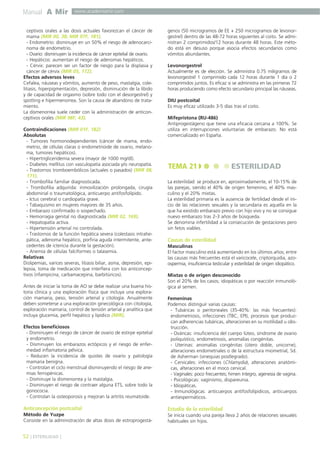 Manual A Mir

www.academiamir.com

ceptivos orales a las dosis actuales favorezcan el cáncer de
mama (MIR 00, 38; MIR 97F, 181).
- Endometrio: disminuye en un 50% el riesgo de adenocarcinoma de endometrio.
- Ovario: disminuyen la incidencia de cáncer epitelial de ovario.
- Hepáticos: aumentan el riesgo de adenomas hepáticos.
- Cérvix: parecen ser un factor de riesgo para la displasia y
cáncer de cérvix (MIR 05, 172).
Efectos adversos leves
Cefalea, náuseas y vómitos, aumento de peso, mastalgia, colelitiasis, hiperpigmentación, depresión, disminución de la libido
y de capacidad de orgasmo (sobre todo con el desorgestrel) y
spotting e hipermenorrea. Son la causa de abandono de tratamiento.
La dismenorrea suele ceder con la administración de anticonceptivos orales (MIR 98F, 43).
Contraindicaciones (MIR 01F, 182)
Absolutas
- Tumores hormonodependientes (cáncer de mama, endometrio, de células claras o endometrioide de ovario, melanoma, tumores hepáticos).
- Hipertrigliceridemia severa (mayor de 1000 mg/dl).
- Diabetes mellitus con vasculopatía asociada y/o neuropatía.
- Trastornos tromboembólicos (actuales o pasados) (MIR 08,
171).
- Trombofilia familiar diagnosticada.
- Trombofilia adquirida: inmovilización prolongada, cirugía
abdominal o traumatológica, anticuerpo antifosfolípido.
- Ictus cerebral o cardiopatía grave.
- Tabaquismo en mujeres mayores de 35 años.
- Embarazo confirmado o sospechado.
- Hemorragia genital no diagnosticada (MIR 02, 169).
- Hepatopatía activa.
- Hipertensión arterial no controlada.
- Trastornos de la función hepática severa (colestasis intrahepática, adenoma hepático, porfiria aguda intermitente, antecedentes de ictericia durante la gestación).
- Anemia de células falciformes o talasemia.
Relativas
Dislipemias, varices severas, litiasis biliar, asma, depresión, epilepsia, toma de medicación que interfiera con los anticonceptivos (rifampicina, carbamacepina, barbitúricos).
Antes de iniciar la toma de AO se debe realizar una buena historia clínica y una exploración física que incluya una exploración mamaria, peso, tensión arterial y citología. Anualmente
deben someterse a una exploración ginecológica con citología,
exploración mamaria, control de tensión arterial y analítica que
incluya glucemia, perfil hepático y lipídico (MIR).

genos (50 microgramos de EE + 250 microgramos de levonorgestrel) dentro de las 48-72 horas siguientes al coito. Se administran 2 comprimidos/12 horas durante 48 horas. Este método está en desuso porque asocia efectos secundarios como
vómitos abundantes.
Levonorgestrel
Actualmente es de elección. Se administra 0.75 miligramos de
levonorgestrel 1 comprimido cada 12 horas durante 1 día o 2
comprimidos juntos. Es eficaz si se administra en las primeras 72
horas produciendo como efecto secundario principal las náuseas.
DIU postcoital
Es muy eficaz utilizado 3-5 días tras el coito.
Mifepristona (RU-486)
Antiprogestágeno que tiene una eficacia cercana a 100%. Se
utiliza en interrupciones voluntarias de embarazo. No está
comercializado en España.

TEMA 21

ESTERILIDAD

La esterilidad se produce en, aproximadamente, el 10-15% de
las parejas, siendo el 40% de origen femenino, el 40% masculino y el 20% mixtas.
La esterilidad primaria es la ausencia de fertilidad desde el inicio de las relaciones sexuales y la secundaria es aquella en la
que ha existido embarazo previo con hijo vivo y no se consigue
nuevo embarazo tras 2-3 años de búsqueda.
Se denomina infertilidad a la consecución de gestaciones pero
sin fetos viables.

Causas de esterilidad
Masculinas
El factor masculino está aumentando en los últimos años; entre
las causas más frecuentes está el varicocele, criptorquidia, azoospermia, insuficiencia testicular y esterilidad de origen idiopático.
Mixtas o de origen desconocido
Son el 20% de los casos; idiopáticas o por reacción inmunológica al semen.

Efectos beneficiosos
- Disminuyen el riesgo de cáncer de ovario de estirpe epitelial
y endometrio.
- Disminuyen los embarazos ectópicos y el riesgo de enfermedad inflamatoria pélvica.
- Reducen la incidencia de quistes de ovario y patología
mamaria benigna.
- Controlan el ciclo menstrual disminuyendo el riesgo de anemias ferropénicas.
- Disminuye la dismenorrea y la mastalgia.
- Disminuyen el riesgo de contraer alguna ETS, sobre todo la
gonococia.
- Controlan la osteoporosis y mejoran la artritis reumatoide.

Femeninas
Podemos distinguir varias causas:
- Tubáricas o peritoneales (35-40%: las más frecuentes):
endometriosis, infecciones (TBC, EPI), procesos que produzcan adherencias tubáricas, alteraciones en su motilidad u obstrucción.
- Ováricas: insuficiencia del cuerpo lúteo, síndrome de ovario
poliquístico, endometriosis, anomalías congénitas.
- Uterinas: anomalías congénitas (útero doble, unicorne),
alteraciones endometriales o de la estructura miometrial, Sd.
de Asherman (sinequias postlegrado).
- Cervicales: infecciones (Chlamydia), alteraciones anatómicas, alteraciones en el moco cervical.
- Vaginales: poco frecuentes; himen íntegro, agenesia de vagina.
- Psicológicas: vaginismo, dispareunia.
- Idiopáticas.
- Inmunológicas: anticuerpos antifosfolípidicos, anticuerpos
antiespermáticos.

Anticoncepción postcoital

Estudio de la esterilidad

Método de Yuzpe
Consiste en la administración de altas dosis de estroprogestá-

Se inicia cuando una pareja lleva 2 años de relaciones sexuales
habituales sin hijos.

52 ] ESTERILIDAD [

 