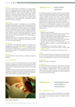 Manual A Mir

www.academiamir.com

Clínica
La forma más frecuente de presentación es la asintomática,
suele ser un hallazgo casual en un estudio de esterilidad. Puede
cursar con radiografía de tórax normal. Produce una clínica
general de febrícula, astenia, distensión abdominal y adelgazamiento. Localmente puede producir dolor pélvico (35%),
alteraciones menstruales, masas anexiales y leucorrea blancoamarillenta. Si se produce una oclusión de la cavidad uterina
secundariamente a una endometritis tuberculosa recibe el
nombre de síndrome de Netter.

Diagnóstico
El diagnóstico de sospecha se establece por los antecedentes,
esterilidad, salpingitis que no responden a antibióticos convencionales. El estudio bacteriológico y de anatomía patológica es
el método más adecuado, se realiza mediante un microlegrado
uterino. El estudio de imagen se realiza mediante radiografía
de tórax para ver la afectación pulmonar, pielografía para descartar afectación de vías urinarias (que se produce en el 10%
de los casos), ecografía e histerosalpingografía para observar
obstrucción de las trompas (presentan una imagen típica en
"bolsa de tabaco").
Mediante laparoscopia o laparotomía obtenemos una visión
directa que nos confirma el diagnóstico de sospecha ecográfico o de la histerosalpingografía.

Tratamiento
Se administra isoniacida (300 mg/día) y rifampicina (10
mg/kg/día) durante 9 meses asociando los tres primeros meses
etambutol (25 mg/kg/día) (MIR 97, 246). La cirugía se reserva
para mujeres con masas pélvicas persistentes, con cultivos persistentemente positivos o con organismos resistentes al tratamiento médico.

TEMA 25

PROLAPSO
GENITAL

El sistema de suspensión del aparato genital o fascia endopélvica está compuesto por la pelvis ósea, los ligamentos ancho y
redondo, los ligamentos uterosacros y cardinales, el diafragma
urogenital (esfínter estriado se la uretra y el ano, músculos
isquiocavernosos, bulbocavernosos y transverso del periné), el
diafragma pélvico (elevador del ano), la fascia de unión a la
pared vaginal, el cuerpo perineal y el esfínter anal externo.
Entre los factores predisponentes destacan la edad (en la que
al disminuir los niveles estrogénicos se produce una relajación
de los ligamentos uterosacros y cardinales), traumatismos del
parto, debilidad congénita del sistema de fijación, obesidad y
estreñimiento.

Clasificación
- Prolapso vaginal (colpocele):
• Anterior: descenso de la pared vaginal anterior generalmente asociada al descenso de la vejiga (cistocele).
• Posterior: descenso de la pared vaginal posterior generalmente asociada a descenso del recto (rectocele).
• Enterocele: es el prolapso del fondo de saco de Douglas.
Su causa más frecuente es la histerectomía previa.
- Prolapso uterino: consiste en el descenso del útero por
debajo del nivel que ocupa. Su causa más frecuente es el
parto vaginal.
• Primer grado: el cuello uterino no llega a la vulva.
• Segundo grado: el cuello uterino llaga al introito vulvar
(MIR 97F, 176).
• Tercer grado: el útero sale por fuera del plano vulvar.

Clínica
Pronóstico
Está aumentado el riesgo de abortos, esterilidad y embarazos
ectópicos.

El síntoma más frecuente es la sensación de cuerpo extraño en
la vulva. También se producen incontinencias urinarias, estreñimiento, dolor hipogástrico y ulceración de la mucosa prolapsada.

24.4.- Bartholinitis

Diagnóstico
Mediante anamnesis y exploración.

Consiste en una infección producida por la flora local vaginal
local que se produce por una obstrucción del canal excretor de
la glándula de Bartholino. Se trata con fluorquinolonas o cefalosporinas junto a metronidazol cuando aún no se ha formado
el absceso.
Cuando se abscesifica requiere tratamiento quirúrgico mediante drenaje y marsupialización (abocar las paredes del absceso a
la piel). Suele recidivar con frecuencia, por lo que el tratamiento definitivo consiste en la exéresis glandular total.

Tratamiento
Se realiza en pacientes sintomáticas. El tratamiento quirúrgico
es el de elección y puede realizarse desde una histerectomía
con colporrafia y colposuspensión, hasta una cleisis (cierre
vaginal parcial) en mujeres ancianas con mal estado general.
Por lo tanto el tratamiento depende de la edad, el grado y la
sintomatología de las pacientes.

TEMA 26

ENFERMEDADES
VULVARES Y
VAGINALES

26.1.- Distrofias vulvares
Las distrofias vulvares o trastornos epiteliales no neoplásicos
son lesiones que se producen en la mucosa vulvar y en la piel
que originan como principal síntoma un prurito crónico.
Distinguimos:
Figura 3. Drenaje de bartholinitis.

58 ] PROLAPSO GENITAL / ENFERMEDADES VULVARES Y VAGINALES [

 