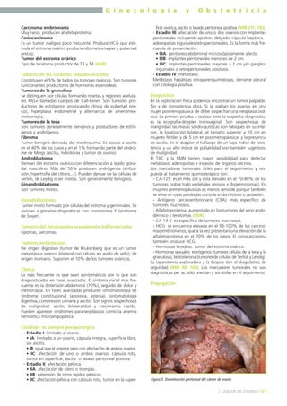G i n e c o l o g í a
Carcinoma embrionario
Muy raros; producen alfafetoproteína.
Coriocarcinoma
Es un tumor maligno poco frecuente. Produce HCG que estimula el estroma ovárico produciendo metrorragias y pubertad
precoz.
Tumor del estroma ovárico
Tipo de teratoma productor de T3 y T4 (MIR).

Tumores de los cordones sexuales-estroma
Constituyen el 5% de todos los tumores ováricos. Son tumores
funcionantes productores de hormonas esteroideas.
Tumores de la granulosa
Se distinguen por células formando rosetas y regiones acelulares PAS+ llamadas cuerpos de Call-Exner. Son tumores productores de estrógenos provocando clínica de pubertad precoz, hiperplasia endometrial y alternancia de amenorreametrorragia.
Tumores de la teca
Son tumores generalmente benignos y productores de estrógenos y andrógenos.
Fibroma
Tumor benigno derivado del mesénquima. Se asocia a ascitis
en el 40% de los casos y en el 1% formando parte del síndrome de Meigs (ascitis, hidrotórax y tumor de ovario).
Androblastoma
Derivan del estroma ovárico con diferenciación a tejido gonadal masculino. Más del 50% producen andrógenos (virilización, hipertrofia del clítoris....). Pueden derivar de las células de
Sertoli, de Leydig o ser mixtos. Son generalmente benignos.
Ginandroblastoma
Son tumores mixtos.

Gonadoblastoma
Tumor mixto formado por células del estroma y germinales. Se
asocian a gónadas disgenéticas con cromosoma Y (síndrome
de Swyer).

Tumores del mesénquima sexualmente indiferenciados
Lipomas, sarcomas.

Tumores metástasicos
De origen digestivo (tumor de Krukenberg que es un tumor
metastásico ovárico bilateral con células en anillo de sello); de
origen mamario. Suponen el 10% de los tumores ováricos.

Clínica
Lo más frecuente es que sean asintomáticos por lo que son
diagnosticados en fases avanzadas. El síntoma inicial más frecuente es la distensión abdominal (70%), seguido de dolor y
metrorragia. En fases avanzadas producen sintomatología de
síndrome constitucional (anorexia, astenia), sintomatología
digestiva, compresión urinaria y ascitis. Son signos sospechosos
de malignidad: ascitis, bilateralidad y crecimiento rápido.
Pueden aparecer síndromes paraneoplásicos como la anemia
hemolítica microangiopática.

y

O b s t e t r i c i a

ficie ovárica, ascitis o lavado peritoneal positiva (MIR 01F, 183).
- Estadio III: afectación de uno o dos ovarios con implantes
peritoneales incluyendo epiplon, delgado, cápsula hepática,
adenopatías inguinales/retroperitoneales. Es la forma más frecuente de presentación.
• IIIA: peritoneo abdominal microscópicamente afecto.
• IIIB: implantes peritoneales menores de 2 cm.
• IIIC: implantes peritoneales mayores a 2 cm y/o ganglios
inguinales o retroperitoneales positivos.
- Estadio IV: metástasis.
Metástasis hepáticas intraparenquimatosas, derrame pleural
con citología positiva.

Diagnóstico
En la exploración física podemos encontrar un tumor palpable,
fijo y de consistencia dura. Si se palpan los ovarios en una
mujer posmenopáusica de debe sospechar una neoplasia ovárica. La primera prueba a realizar ante la sospecha diagnóstica
es la ecografía-doppler transvaginal. Son sospechosas de
malignidad las masas sólido-quísticas con tabiques en su interior, la localización bilateral, el tamaño superior a 10 cm en
mujeres fértiles y de 5 cm en postmenopáusicas y la presencia
de ascitis. En el doppler el hallazgo de un bajo índice de resistencia y un alto índice de pulsatilidad son también sugestivos
de malignidad.
El TAC y la RMN tienen mayor sensibilidad para detectar
metástasis, adenopatías e invasión de órganos vecinos.
Los marcadores tumorales útiles para el seguimiento y respuesta al tratamiento quimioterápico son:
- CA-125: es el más útil y está elevado en el 70-80% de los
tumores (sobre todo epiteliales serosos y disgerminomas). En
mujeres premenopáusicas es menos sensible porque también
se eleva en otras patologías como la endometriosis o gestación.
- Antígeno carcinoembrionario (CEA): más específico de
tumores mucinosos.
- Alfafetoproteína: aumentado en los tumores del seno endodérmico y teratomas (MIR).
- CA 19.9: es específico de tumores mucinosos.
- HCG: se encuentra elevada en el 95-100% de los carcinomas embrionarios, que a la vez presentan una elevación de la
alfafetoproteína en el 70% de los casos. El coriocarcinoma
también produce HCG.
- Hormonas tiroideas: tumor del estruma ovárico.
- Hormonas sexuales: estrógenos (tumores células de la teca y la
granulosa), testosterona (tumores de células de Sertoli y Leydig).
La laparotomía exploradora y la biopsia dan el diagnóstico de
seguridad (MIR 08, 169). Los marcadores tumorales no son
diagnósticos per se, sólo orientan y son útiles en el seguimiento.

Propagación

Estadiaje: es siempre postquirúrgico
- Estadio I: limitado al ovario.
• IA: limitado a un ovario, cápsula íntegra, superficie libre,
sin ascitis.
• IB: igual que el anterior pero con afectación de ambos ovarios.
• IC: afectación de uno o ambos ovarios, cápsula rota,
tumor en superficie, ascitis o lavado peritoneal positiva.
- Estadio II: afectación pélvica.
• IIA: afectación de útero o trompas.
• IIB: extensión de otros tejidos pélvicos.
• IIC: afectación pélvica con cápsula rota, tumor en la super-

Figura 3. Diseminación peritoneal del cáncer de ovario.
] CÁNCER DE OVARIO [ 67

 