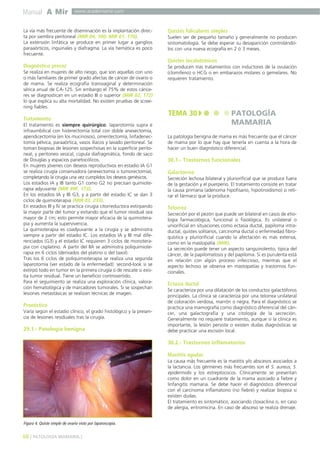Manual A Mir

www.academiamir.com

La vía más frecuente de diseminación es la implantación directa por siembra peritoneal (MIR 04, 100; MIR 01, 170).
La extensión linfática se produce en primer lugar a ganglios
paraaórticos, inguinales y diafragma. La vía hemática es poco
frecuente.

Diagnóstico precoz
Se realiza en mujeres de alto riesgo, que son aquellas con uno
o más familiares de primer grado afectas de cáncer de ovario o
de mama. Se realiza ecografía transvaginal y determinación
sérica anual de CA-125. Sin embargo el 75% de estos cánceres se diagnostican en un estadio III o superior (MIR 02, 172)
lo que explica su alta mortalidad. No existen pruebas de screening fiables.

Tratamiento
El tratamiento es siempre quirúrgico: laparotomía supra e
infraumbilical con histerectomía total con doble anexectomía,
apendicectomía (en los mucinosos), omentectomía, linfadenectomía pélvica, paraaórtica, vasos ilíacos y lavado peritoneal. Se
toman biopsias de lesiones sospechosas en la superficie peritoneal, y peritoneo vesical, cúpula diafragmática, fondo de saco
de Douglas y espacios parietocólicos.
En mujeres jóvenes con deseos reproductivos en estadio IA G1
se realiza cirugía conservadora (anexectomía o tumorectomía),
completando la cirugía una vez cumplidos los deseos genésicos.
Los estadios IA y IB tanto G1 como G2 no precisan quimioterapia adyuvante (MIR 99F, 173).
En los estadios IA y IB G3, y a partir del estadio IC se dan 3
ciclos de quimioterapia (MIR 03, 233).
En estadios III y IV se practica cirugía citorreductora extirpando
la mayor parte del tumor y evitando que el tumor residual sea
mayor de 2 cm; esto permite mayor eficacia de la quimioterapia y aumenta la supervivencia.
La quimioterapia es coadyuvante a la cirugía y se administra
siempre a partir del estadio IC. Los estadíos IA y IB mal diferenciados (G3) y el estadio IC requieren 3 ciclos de monoterapia con cisplatino. A partir del IIA se administra poliquimioterapia en 6 ciclos (derivados del platino o del taxol).
Tras los 6 ciclos de poliquimioterapia se realiza una segunda
laparotomía (ver estado de la enfermedad): second-look si se
extirpó todo en tumor en la primera cirugía o de rescate si existía tumor residual. Tiene un beneficio controvertido.
Para el seguimiento se realiza una exploración clínica, valoración hematológica y de marcadores tumorales. Si se sospechan
lesiones metastásicas se realizan técnicas de imagen.

Pronóstico
Varía según el estadio clínico, el grado histológico y la presencia de lesiones residuales tras la cirugía.

29.1.- Patología benigna

Quistes foliculares simples
Suelen ser de pequeño tamaño y generalmente no producen
sintomatología. Se debe esperar su desaparición controlándolos con una nueva ecografía en 2 ó 3 meses.

Quistes tecaluteínicos
Se producen tras tratamientos con inductores de la ovulación
(clomifeno) o HCG o en embarazos molares o gemelares. No
requieren tratamiento.

TEMA 30

PATOLOGÍA
MAMARIA

La patología benigna de mama es más frecuente que el cáncer
de mama por lo que hay que tenerla en cuenta a la hora de
hacer un buen diagnóstico diferencial.

30.1.- Trastornos funcionales
Galactorrea
Secreción lechosa bilateral y pluriorificial que se produce fuera
de la gestación y el puerperio. El tratamiento consiste en tratar
la causa primaria (adenoma hipofisario, hipotiroidismo) o retirar el fármaco que la produce.

Telorrea
Secreción por el pezón que puede ser bilateral en casos de etiología farmacológica, funcional o fisiológica. Es unilateral o
uniorificial en situaciones como ectasia ductal, papiloma intraductal, quistes solitarios, carcinoma ductal o enfermedad fibroquística y pluriorificial cuando la afectación es más extensa,
como en la mastopatía (MIR).
La secreción puede tener un aspecto sanguinolento, típica del
cáncer, de la papilomatosis y del papiloma. Si es purulenta está
en relación con algún proceso infeccioso, mientras que el
aspecto lechoso se observa en mastopatías y trastornos funcionales.

Ectasia ductal
Se caracteriza por una dilatación de los conductos galactóforos
principales. La clínica se caracteriza por una telorrea unilateral
de coloración verdosa, marrón o negra. Para el diagnóstico se
practica una mamografía como diagnóstico diferencial del cáncer, una galactografía y una citología de la secreción.
Generalmente no requiere tratamiento, aunque si la clínica es
importante, la lesión persiste o existen dudas diagnósticas se
debe practicar una escisión local.

30.2.- Trastornos inflamatorios
Mastitis agudas
La causa más frecuente es la mastitis y/o abscesos asociados a
la lactancia. Los gérmenes más frecuentes son el S. aureus, S.
epidermidis y los estreptococos. Clínicamente se presentan
como dolor en un cuadrante de la mama asociado a fiebre y
linfangitis mamaria. Se debe hacer el diagnóstico diferencial
con el carcinoma inflamatorio (no fiebre) y realizar biopsia si
existen dudas.
El tratamiento es sintomático, asociando cloxacilina o, en caso
de alergia, eritromicina. En caso de absceso se realiza drenaje.
Figura 4. Quiste simple de ovario visto por laparoscopia.

68 ] PATOLOGÍA MAMARIA [

 
